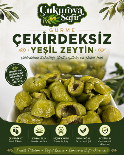 Çukurova Safir Gurme Çekirdeksiz Yeşil Zeytin