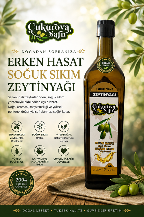 Çukurova Safir 1 L Erken Hasat Soğuk Sıkım Zeytinyağı Cam Şişe 2025/2026