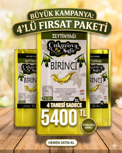 Çukurova Safir Birinci Zeytinyağı 5 L - 4 Adet Ekonomik Boy Aile Paketi