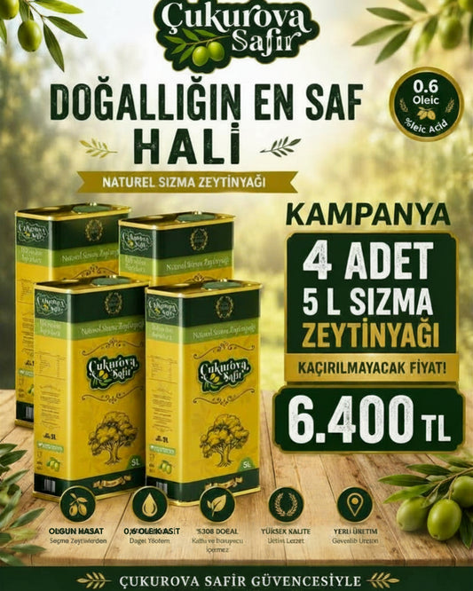 Çukurova Safir 5 L Sızma Zeytinyağı 4'lü Avantaj Paketi - 6400 TL Özel Fiyat